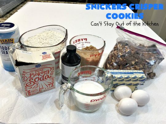Snickers Crisper Cookies | Can't Stay Out of the Kitchen | these adorable #cookies are made with #SnickersCrisperBars. They're totally spectacular & the ultimate #chocolate cookie sensation. Every bite will knock your socks off! Great for potlucks, #tailgating parties or #holidays. #SnickersBars #SnickersCandyBars #SnickersCrisperCookies #SnickersDessert