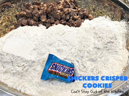 Snickers Crisper Cookies | Can't Stay Out of the Kitchen | these adorable #cookies are made with #SnickersCrisperBars. They're totally spectacular & the ultimate #chocolate cookie sensation. Every bite will knock your socks off! Great for potlucks, #tailgating parties or #holidays. #SnickersBars #SnickersCandyBars #SnickersCrisperCookies #SnickersDessert