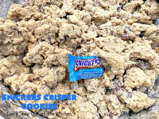 Snickers Crisper Cookies | Can't Stay Out of the Kitchen | these adorable #cookies are made with #SnickersCrisperBars. They're totally spectacular & the ultimate #chocolate cookie sensation. Every bite will knock your socks off! Great for potlucks, #tailgating parties or #holidays. #SnickersBars #SnickersCandyBars #SnickersCrisperCookies #SnickersDessert