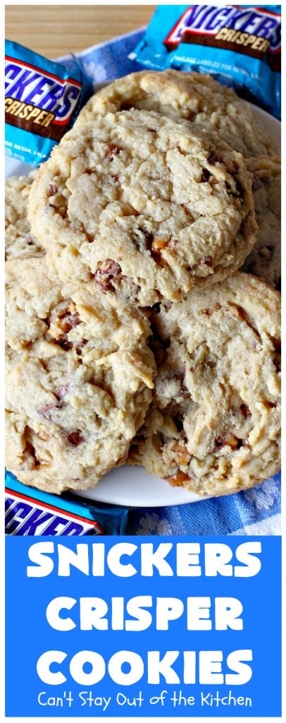 Snickers Crisper Cookies | Can't Stay Out of the Kitchen | these adorable #cookies are made with #SnickersCrisperBars. They're totally spectacular & the ultimate #chocolate cookie sensation. Every bite will knock your socks off! Great for potlucks, #tailgating parties or #holidays. #SnickersBars #SnickersCandyBars #SnickersCrisperCookies #SnickersDessert