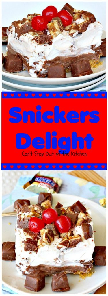 Snickers Delight | Can't Stay Out of the Kitchen | fantastic #icecream #dessert with a graham cracker crust, a #snickers ice cream & #chocolate pudding layer & topped with chopped Snickers bars. This will become your favorite dessert!