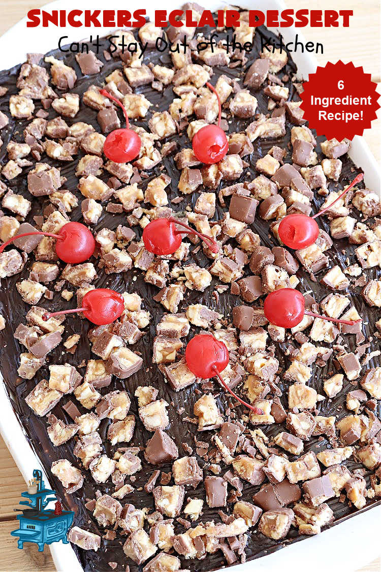 Snickers Éclair Dessert | Can't Stay Out of the Kitchen | this easy-peasy 6-ingredient #recipe is spectacular for company, potlucks or special occasions like #ValentinesDay. It includes layers of #ChocolatePudding, #GrahamCrackers, #ChocolateIcing and #SnickersCandyBars on top. The #Snickers give it that wonderful chocolaty & #caramel flavor along with #peanuts that adds a little punch to the #dessert. So easy even a child can make it! #Éclairs #ÉclairDessert #SnickersÉclairDessert