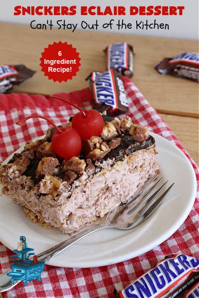 Snickers Éclair Dessert | Can't Stay Out of the Kitchen | this easy-peasy 6-ingredient #recipe is spectacular for company, potlucks or special occasions like #ValentinesDay. It includes layers of #ChocolatePudding, #GrahamCrackers, #ChocolateIcing and #SnickersCandyBars on top. The #Snickers give it that wonderful chocolaty & #caramel flavor along with #peanuts that adds a little punch to the #dessert. So easy even a child can make it! #Éclairs #ÉclairDessert #SnickersÉclairDessert