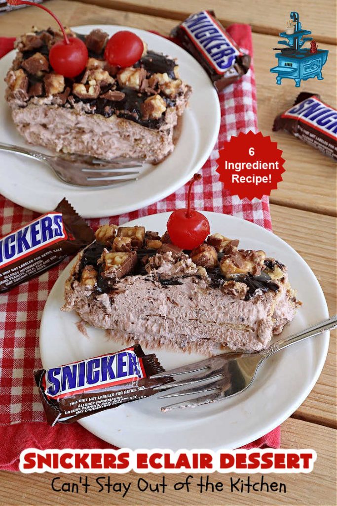 Snickers Éclair Dessert | Can't Stay Out of the Kitchen | this easy-peasy 6-ingredient #recipe is spectacular for company, potlucks or special occasions like #ValentinesDay. It includes layers of #ChocolatePudding, #GrahamCrackers, #ChocolateIcing and #SnickersCandyBars on top. The #Snickers give it that wonderful chocolaty & #caramel flavor along with #peanuts that adds a little punch to the #dessert. So easy even a child can make it! #Éclairs #ÉclairDessert #SnickersÉclairDessert