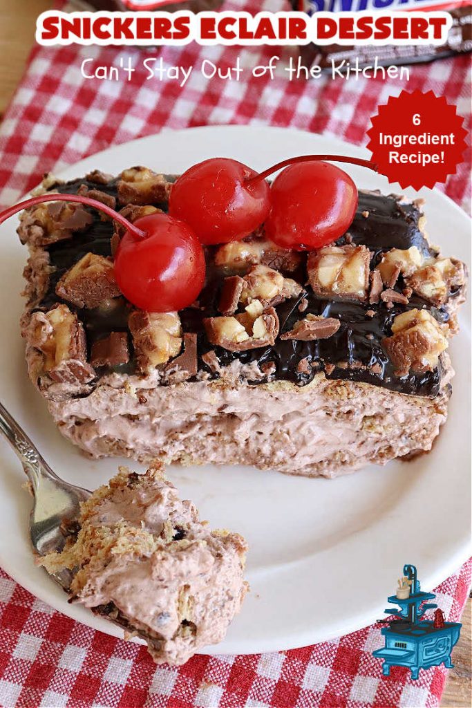 Snickers Éclair Dessert | Can't Stay Out of the Kitchen | this easy-peasy 6-ingredient #recipe is spectacular for company, potlucks or special occasions like #ValentinesDay. It includes layers of #ChocolatePudding, #GrahamCrackers, #ChocolateIcing and #SnickersCandyBars on top. The #Snickers give it that wonderful chocolaty & #caramel flavor along with #peanuts that adds a little punch to the #dessert. So easy even a child can make it! #Éclairs #ÉclairDessert #SnickersÉclairDessert