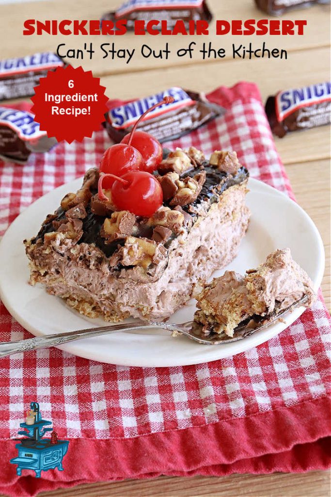 Snickers Éclair Dessert | Can't Stay Out of the Kitchen | this easy-peasy 6-ingredient #recipe is spectacular for company, potlucks or special occasions like #ValentinesDay. It includes layers of #ChocolatePudding, #GrahamCrackers, #ChocolateIcing and #SnickersCandyBars on top. The #Snickers give it that wonderful chocolaty & #caramel flavor along with #peanuts that adds a little punch to the #dessert. So easy even a child can make it! #Éclairs #ÉclairDessert #SnickersÉclairDessert