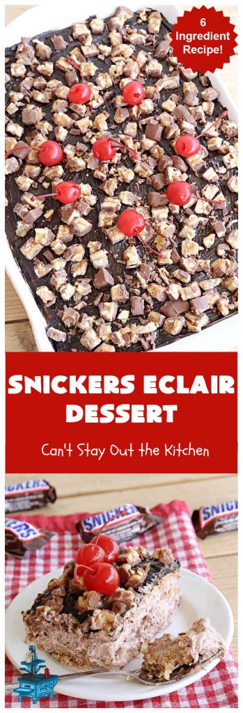 Snickers Éclair Dessert | Can't Stay Out of the Kitchen | this easy-peasy 6-ingredient #recipe is spectacular for company, potlucks or special occasions like #ValentinesDay. It includes layers of #ChocolatePudding, #GrahamCrackers, #ChocolateIcing and #SnickersCandyBars on top. The #Snickers give it that wonderful chocolaty & #caramel flavor along with #peanuts that adds a little punch to the #dessert. So easy even a child can make it! #Éclairs #ÉclairDessert #SnickersÉclairDessert
