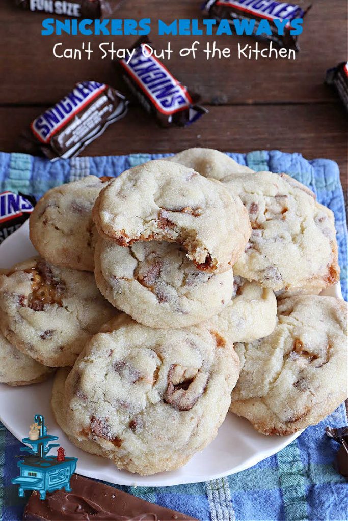 Snickers Meltaways | Can't Stay Out of the Kitchen | these luscious #MeltInYourMouth #cookies are so fabulous they will be gobbled up in no time! They're #SugarCookies with #SnickersBars added to the mix. If you're a #Snickers lover, this lovely #dessert will rock your world! Great for #tailgating parties, potlucks or a #ChristmasCookieExchange. #Peanuts #chocolate #caramel #SnickersMeltaways