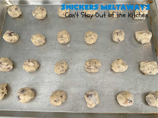 Snickers Meltaways | Can't Stay Out of the Kitchen | these luscious #MeltInYourMouth #cookies are so fabulous they will be gobbled up in no time! They're #SugarCookies with #SnickersBars added to the mix. If you're a #Snickers lover, this lovely #dessert will rock your world! Great for #tailgating parties, potlucks or a #ChristmasCookieExchange. #Peanuts #chocolate #caramel #SnickersMeltaways