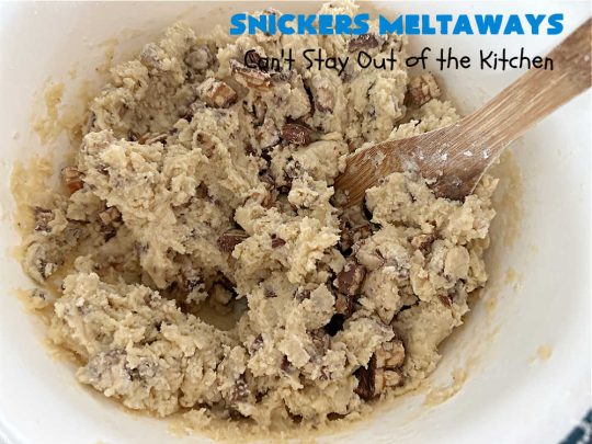 Snickers Meltaways | Can't Stay Out of the Kitchen | these luscious #MeltInYourMouth #cookies are so fabulous they will be gobbled up in no time! They're #SugarCookies with #SnickersBars added to the mix. If you're a #Snickers lover, this lovely #dessert will rock your world! Great for #tailgating parties, potlucks or a #ChristmasCookieExchange. #Peanuts #chocolate #caramel #SnickersMeltaways