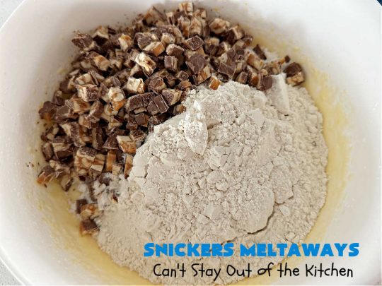 Snickers Meltaways | Can't Stay Out of the Kitchen | these luscious #MeltInYourMouth #cookies are so fabulous they will be gobbled up in no time! They're #SugarCookies with #SnickersBars added to the mix. If you're a #Snickers lover, this lovely #dessert will rock your world! Great for #tailgating parties, potlucks or a #ChristmasCookieExchange. #Peanuts #chocolate #caramel #SnickersMeltaways