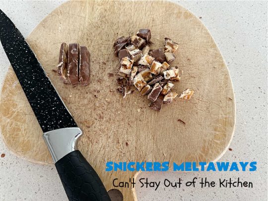 Snickers Meltaways | Can't Stay Out of the Kitchen | these luscious #MeltInYourMouth #cookies are so fabulous they will be gobbled up in no time! They're #SugarCookies with #SnickersBars added to the mix. If you're a #Snickers lover, this lovely #dessert will rock your world! Great for #tailgating parties, potlucks or a #ChristmasCookieExchange. #Peanuts #chocolate #caramel #SnickersMeltaways
