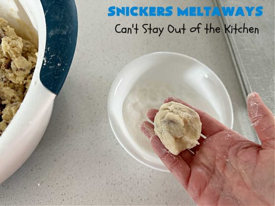 Snickers Meltaways | Can't Stay Out of the Kitchen | these luscious #MeltInYourMouth #cookies are so fabulous they will be gobbled up in no time! They're #SugarCookies with #SnickersBars added to the mix. If you're a #Snickers lover, this lovely #dessert will rock your world! Great for #tailgating parties, potlucks or a #ChristmasCookieExchange. #Peanuts #chocolate #caramel #SnickersMeltaways