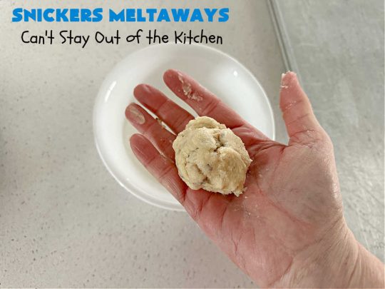 Snickers Meltaways | Can't Stay Out of the Kitchen | these luscious #MeltInYourMouth #cookies are so fabulous they will be gobbled up in no time! They're #SugarCookies with #SnickersBars added to the mix. If you're a #Snickers lover, this lovely #dessert will rock your world! Great for #tailgating parties, potlucks or a #ChristmasCookieExchange. #Peanuts #chocolate #caramel #SnickersMeltaways