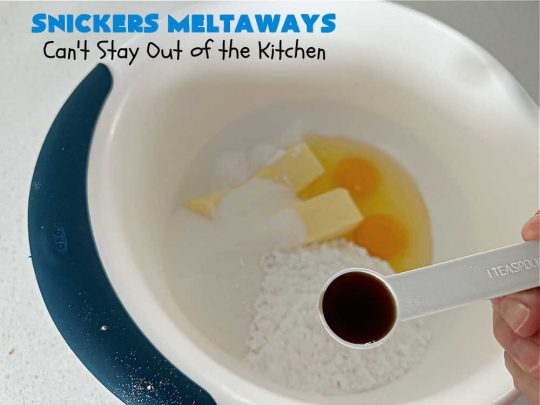 Snickers Meltaways | Can't Stay Out of the Kitchen | these luscious #MeltInYourMouth #cookies are so fabulous they will be gobbled up in no time! They're #SugarCookies with #SnickersBars added to the mix. If you're a #Snickers lover, this lovely #dessert will rock your world! Great for #tailgating parties, potlucks or a #ChristmasCookieExchange. #Peanuts #chocolate #caramel #SnickersMeltaways
