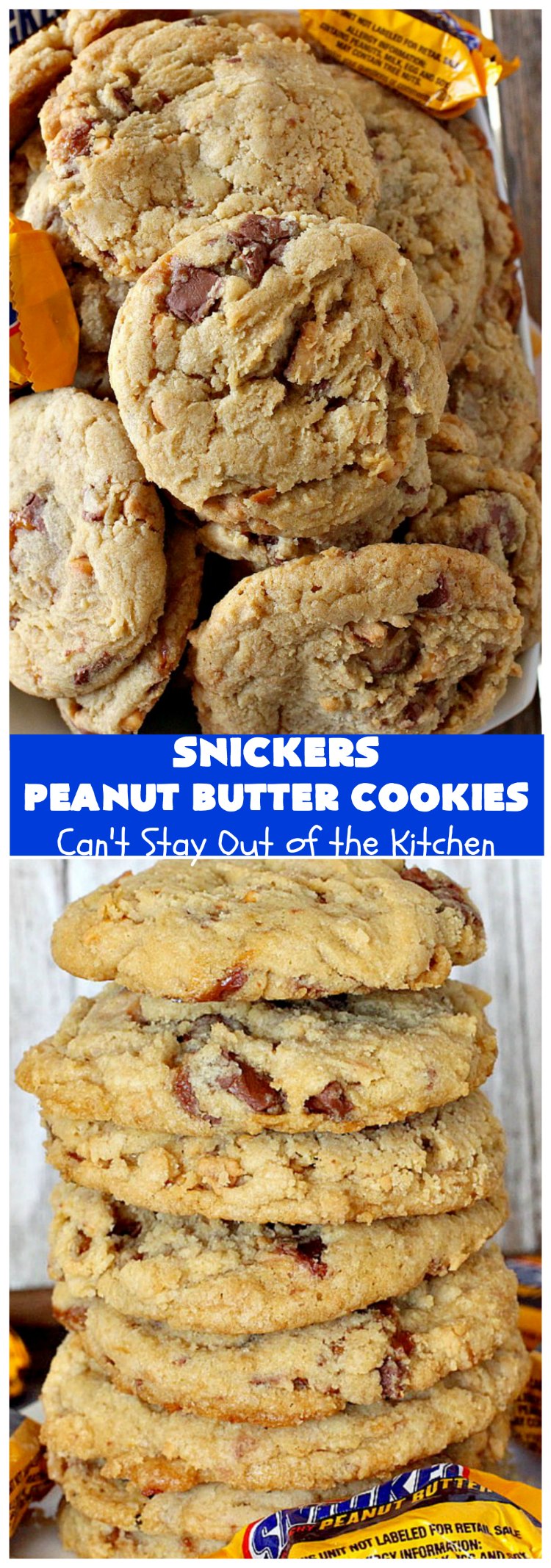 Snickers Peanut Butter Cookies | Can't Stay Out of the Kitchen | these luscious #cookies are loaded with #SnickersPeanutButterBars. The #caramel, #chocolate & #PeanutButter flavors really come through making this one dynamite #dessert. If you enjoy #SnickersCandyBars, you'll rave over this #SnickersDessert. #PeanutButterDessert #ChocolateDessert #HolidayDessert #CaramelDessert #SnickersPeanutButterCookies #tailgating #ChristmasCookieExchange