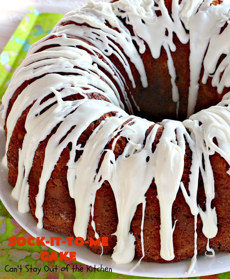 Sock-It-To-Me Cake | Can't Stay Out of the Kitchen | this fantastic #cake will knock your socks off! It has a lovely #pecan streusel filling in the middle & it's glazed with vanilla icing. We serve this as a #coffeecake for #breakfast or for #dessert. #Brunch #Holiday #cinnamon #HolidayBreakfast #SockItToMeCake