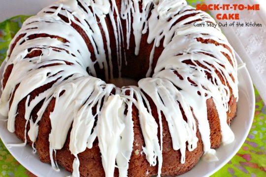 Sock-It-To-Me Cake | Can't Stay Out of the Kitchen | this fantastic #cake will knock your socks off! It has a lovely #pecan streusel filling in the middle & it's glazed with vanilla icing. We serve this as a #coffeecake for #breakfast or for #dessert. #Brunch #Holiday #cinnamon #HolidayBreakfast #SockItToMeCake 