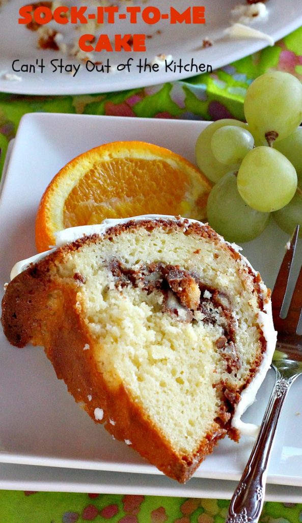Sock-It-To-Me Cake | Can't Stay Out of the Kitchen | this fantastic #cake will knock your socks off! It has a lovely #pecan streusel filling in the middle & it's glazed with vanilla icing. We serve this as a #coffeecake for #breakfast or for #dessert. #Brunch #Holiday #cinnamon #HolidayBreakfast #SockItToMeCake 