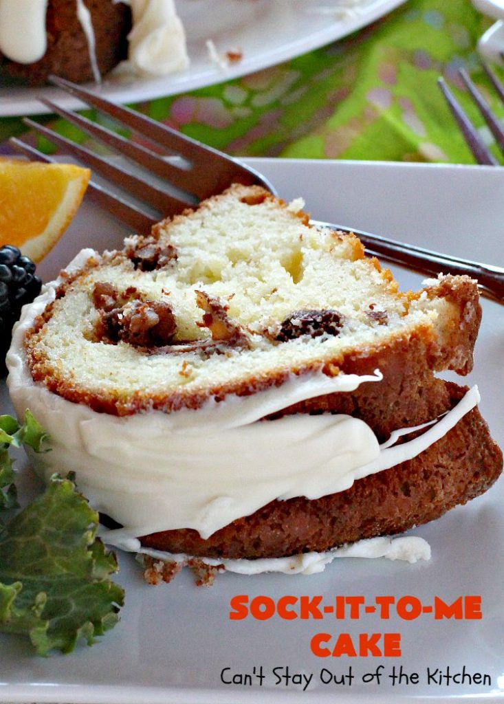 Sock-It-To-Me Cake | Can't Stay Out of the Kitchen | this fantastic #cake will knock your socks off! It has a lovely #pecan streusel filling in the middle & it's glazed with vanilla icing. We serve this as a #coffeecake for #breakfast or for #dessert. #Brunch #Holiday #cinnamon #HolidayBreakfast #SockItToMeCake 