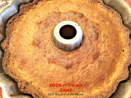 Sock-It-To-Me Cake | Can't Stay Out of the Kitchen | this fantastic #cake will knock your socks off! It has a lovely #pecan streusel filling in the middle & it's glazed with vanilla icing. We serve this as a #coffeecake for #breakfast or for #dessert. #Brunch #Holiday #cinnamon #HolidayBreakfast #SockItToMeCake 