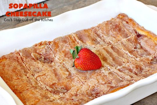 Sopapilla Cheesecake | Can't Stay Out of the Kitchen | this delicious #cheesecake uses only 6 ingredients! It's so easy, making it the perfect #dessert for company. #TexMex #creamcheese #PillsburyCrescentRolls #cinnamon
