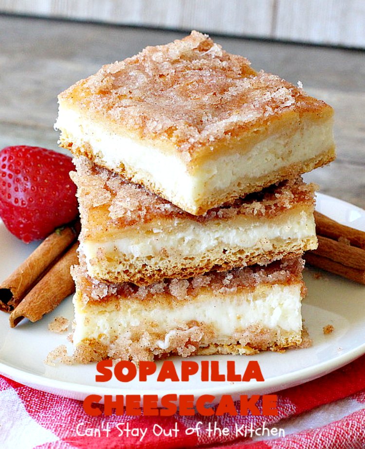 Sopapilla Cheesecake | Can't Stay Out of the Kitchen | this delicious #cheesecake uses only 6 ingredients! It's so easy, making it the perfect #dessert for company. #TexMex #creamcheese #PillsburyCrescentRolls #cinnamon