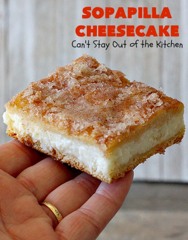 Sopapilla Cheesecake | Can't Stay Out of the Kitchen | this delicious #cheesecake uses only 6 ingredients! It's so easy, making it the perfect #dessert for company. #TexMex #creamcheese #PillsburyCrescentRolls #cinnamon