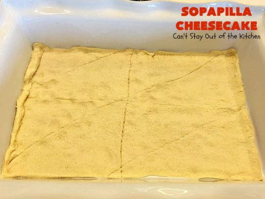 Sopapilla Cheesecake | Can't Stay Out of the Kitchen | this delicious #cheesecake uses only 6 ingredients! It's so easy, making it the perfect #dessert for company. #TexMex #creamcheese #PillsburyCrescentRolls #cinnamon