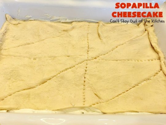 Sopapilla Cheesecake | Can't Stay Out of the Kitchen | this delicious #cheesecake uses only 6 ingredients! It's so easy, making it the perfect #dessert for company. #TexMex #creamcheese #PillsburyCrescentRolls #cinnamon