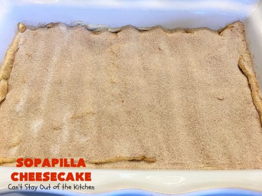 Sopapilla Cheesecake | Can't Stay Out of the Kitchen | this delicious #cheesecake uses only 6 ingredients! It's so easy, making it the perfect #dessert for company. #TexMex #creamcheese #PillsburyCrescentRolls #cinnamon