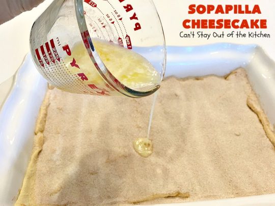 Sopapilla Cheesecake | Can't Stay Out of the Kitchen | this delicious #cheesecake uses only 6 ingredients! It's so easy, making it the perfect #dessert for company. #TexMex #creamcheese #PillsburyCrescentRolls #cinnamon