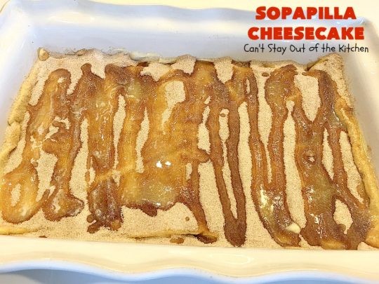 Sopapilla Cheesecake | Can't Stay Out of the Kitchen | this delicious #cheesecake uses only 6 ingredients! It's so easy, making it the perfect #dessert for company. #TexMex #creamcheese #PillsburyCrescentRolls #cinnamon