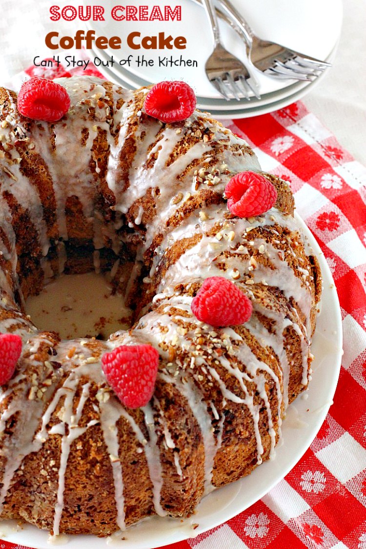 Sour Cream Coffee Cake | Can't Stay Out of the Kitchen | this luscious #coffeecake has a #praline filling to die for! Great for a #holiday #breakfast or #dessert. #cake