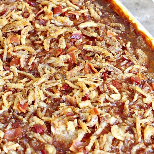 Southern Baked Beans with Pineapple, Bacon & French-Fried Onions | Can't Stay Out of the Kitchen | best #bakedbeans ever! These mouthwatering baked #beans are filled with #bacon, crushed #pineapple & #FrenchFriedOnions! They're terrific for summer #holidays, potlucks & family gatherings. #BBQ #SweetBabyRays