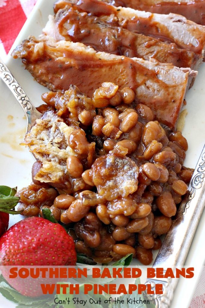 Southern Baked Beans with Pineapple, Bacon & French-Fried Onions | Can't Stay Out of the Kitchen | best #bakedbeans ever! These mouthwatering baked #beans are filled with #bacon, crushed #pineapple & #FrenchFriedOnions! They're terrific for summer #holidays, potlucks & family gatherings. #BBQ #SweetBabyRays