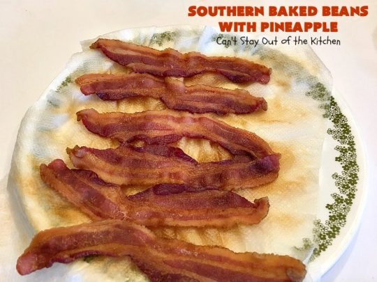 Southern Baked Beans with Pineapple, Bacon & French-Fried Onions | Can't Stay Out of the Kitchen | best #bakedbeans ever! These mouthwatering baked #beans are filled with #bacon, crushed #pineapple & #FrenchFriedOnions! They're terrific for summer #holidays, potlucks & family gatherings. #BBQ #SweetBabyRays