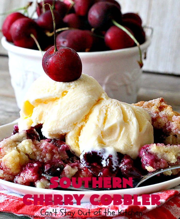 Southern Cherry Cobbler | Can't Stay Out of the Kitchen | This fantastic #cherry #cobbler is the perfect #dessert for company now that fresh #cherries are in season. Terrific for potlucks & backyard BBQs. #cherrycobbler #Canbassador #NorthwestCherryGrowers