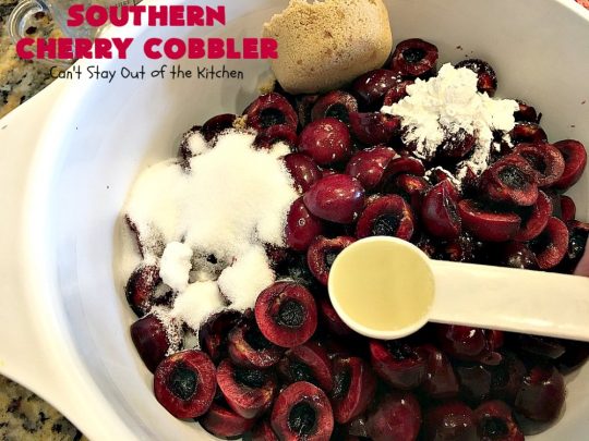 Southern Cherry Cobbler | Can't Stay Out of the Kitchen | This fantastic #cherry #cobbler is the perfect #dessert for company now that fresh #cherries are in season. Terrific for potlucks & backyard BBQs. #cherrycobbler #Canbassador #NorthwestCherryGrowers