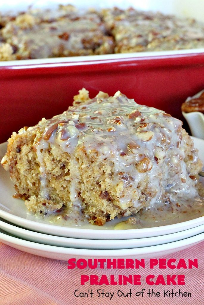 Southern Pecan Praline Cake | Can't Stay Out of the Kitchen | this fantastic #cake tastes like eating #pralines in a butter #pecan cake! It explodes in flavor & is perfect for #dessert or a #holiday #breakfast since it has the consistency of #coffeecake. #Easter #MothersDay #FathersDay