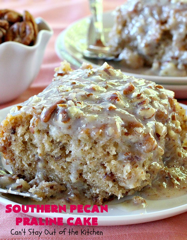 Southern Pecan Praline Cake | Can't Stay Out of the Kitchen | this fantastic #cake tastes like eating #pralines in a butter #pecan cake! It explodes in flavor & is perfect for #dessert or a #holiday #breakfast since it has the consistency of #coffeecake. #Easter #MothersDay #FathersDay