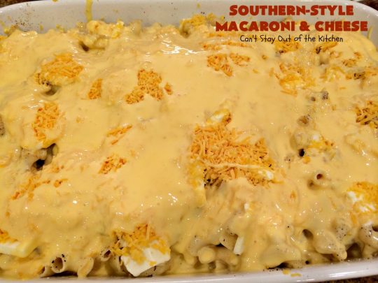 Southern-Style Macaroni and Cheese | Can't Stay Out of the Kitchen | I love this fantastic #macaroni & #cheese dish. It uses 3 cheeses & gets its zip from #cajun seasoning. This kid-friendly #casserole is perfect for potlucks or #MeatlessMondays. #macaroniandcheese