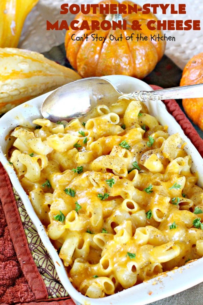 Southern-Style Macaroni and Cheese | Can't Stay Out of the Kitchen | I love this fantastic #macaroni & #cheese dish. It uses 3 cheeses & gets its zip from #cajun seasoning. This kid-friendly #casserole is perfect for potlucks or #MeatlessMondays. #macaroniandcheese