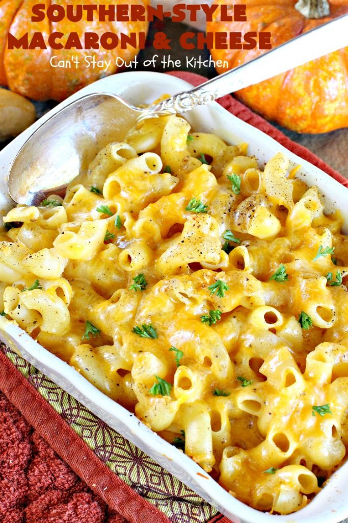Southern-Style Macaroni and Cheese | Can't Stay Out of the Kitchen | I love this fantastic #macaroni & #cheese dish. It uses 3 cheeses & gets its zip from #cajun seasoning. This kid-friendly #casserole is perfect for potlucks or #MeatlessMondays. #macaroniandcheese