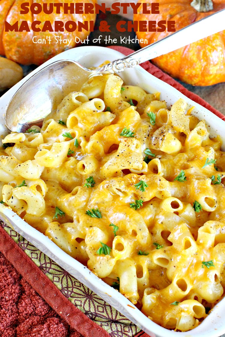 Southern-Style Macaroni and Cheese | Can't Stay Out of the Kitchen | I love this fantastic #macaroni & #cheese dish. It uses 3 cheeses & gets its zip from #cajun seasoning. This kid-friendly #casserole is perfect for potlucks or #MeatlessMondays. #macaroniandcheese