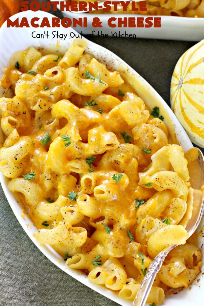 Southern-Style Macaroni and Cheese | Can't Stay Out of the Kitchen | I love this fantastic #macaroni & #cheese dish. It uses 3 cheeses & gets its zip from #cajun seasoning. This kid-friendly #casserole is perfect for potlucks or #MeatlessMondays. #macaroniandcheese