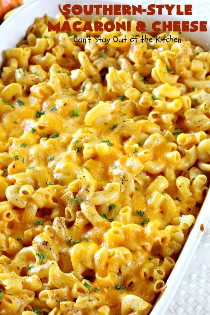 Southern-Style Macaroni and Cheese | Can't Stay Out of the Kitchen | I love this fantastic #macaroni & #cheese dish. It uses 3 cheeses & gets its zip from #cajun seasoning. This kid-friendly #casserole is perfect for potlucks or #MeatlessMondays. #macaroniandcheese