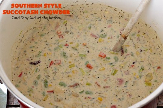 Southern Style Succotash Chowder | Can't Stay Out of the Kitchen | this amazing #soup is loaded with #corn #limabeans #bacon & other veggies. It's a terrific meal for cold winter days when you want a hot lunch or dinner. #glutenfree