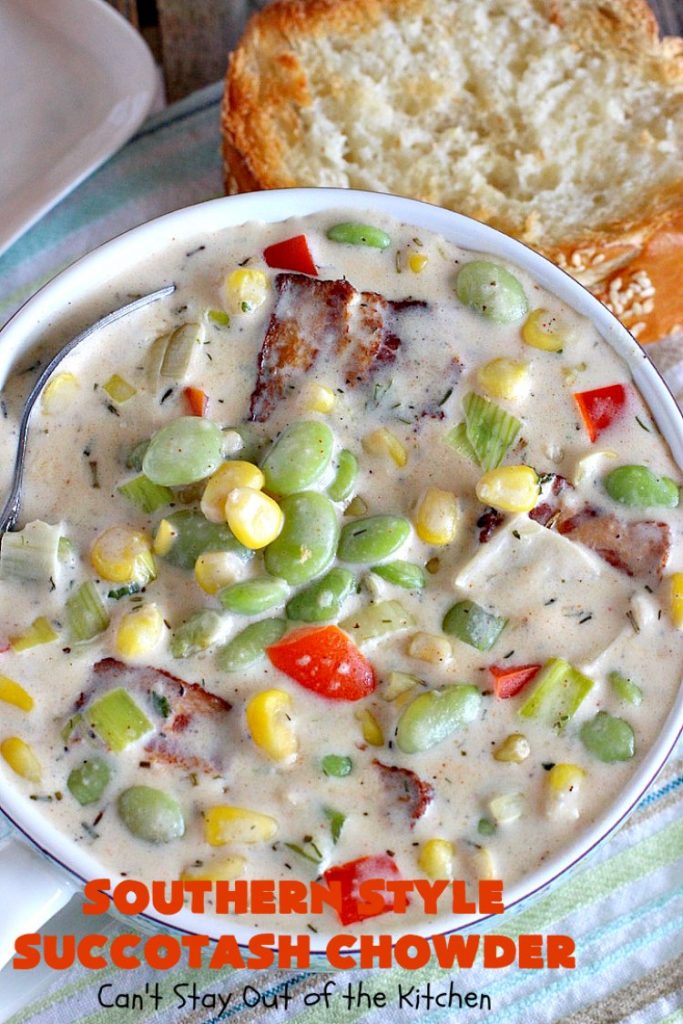 Southern Style Succotash Chowder | Can't Stay Out of the Kitchen | this amazing #soup is loaded with #corn #limabeans #bacon & other veggies. It's a terrific meal for cold winter days when you want a hot lunch or dinner. #glutenfree