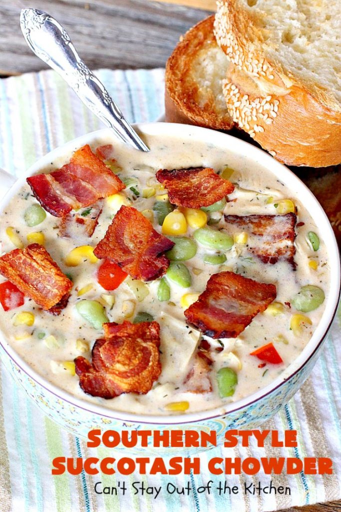 Southern Style Succotash Chowder | Can't Stay Out of the Kitchen | this amazing #soup is loaded with #corn #limabeans #bacon & other veggies. It's a terrific meal for cold winter days when you want a hot lunch or dinner. #glutenfree
